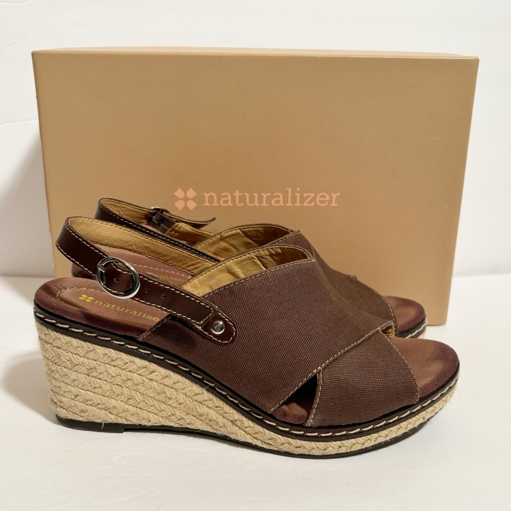 Naturalizer Womens Satwa Sandals Slingback Brown Canvas Espadrille Wedge Sz 7.5‎